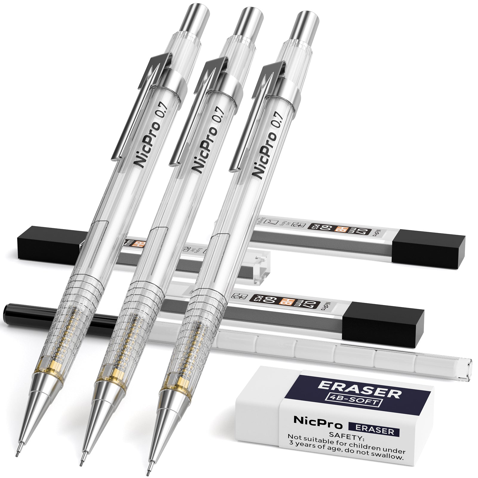 Nicpro 0.7 mm Art Mechanical Pencils Set, 3 Pencil With 3 Tubes HB Pencil Leads, 1 Erasers And 1 Tube Cap Eraser Refill For Architect Art Writing, Drafting, Drawing, Engineering, Sketching