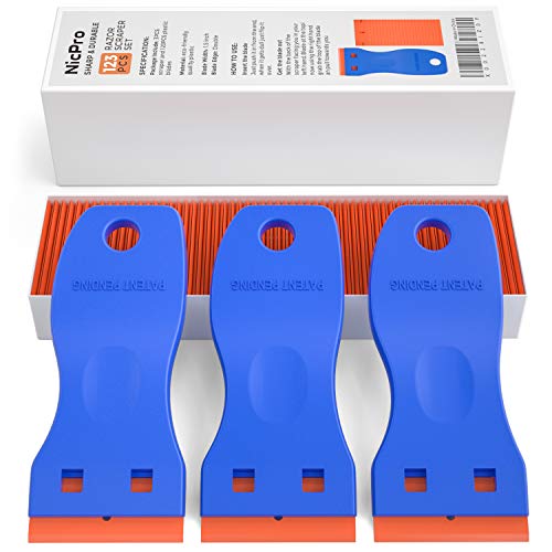 Nicpro 3 PCS Mini Plastic Razor Scraper Tool with 120 PCS Double Edged Razor Blades for Glass, Removing Labels, Stickers and Decals,Window Cleaning