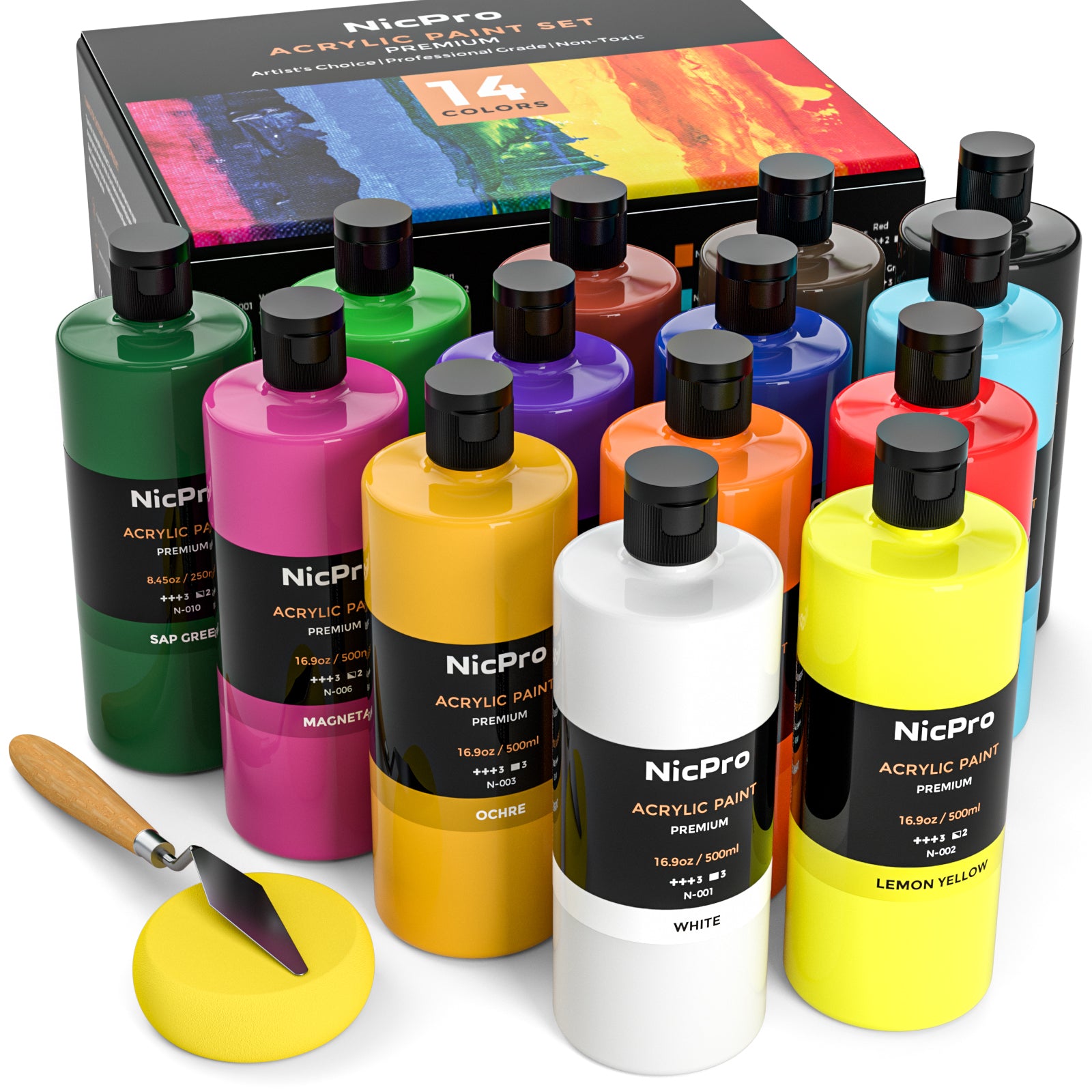 Nicpro 14 Colors Large Bulk Acrylic Paint Set (16.9 oz,500 ml) Rich Acrylic Painting Supplies for Artist, Adults & Kids, Ideal for Multi Surface Craft Art on Canvas Wood Leather Fabric Stone Non Toxic
