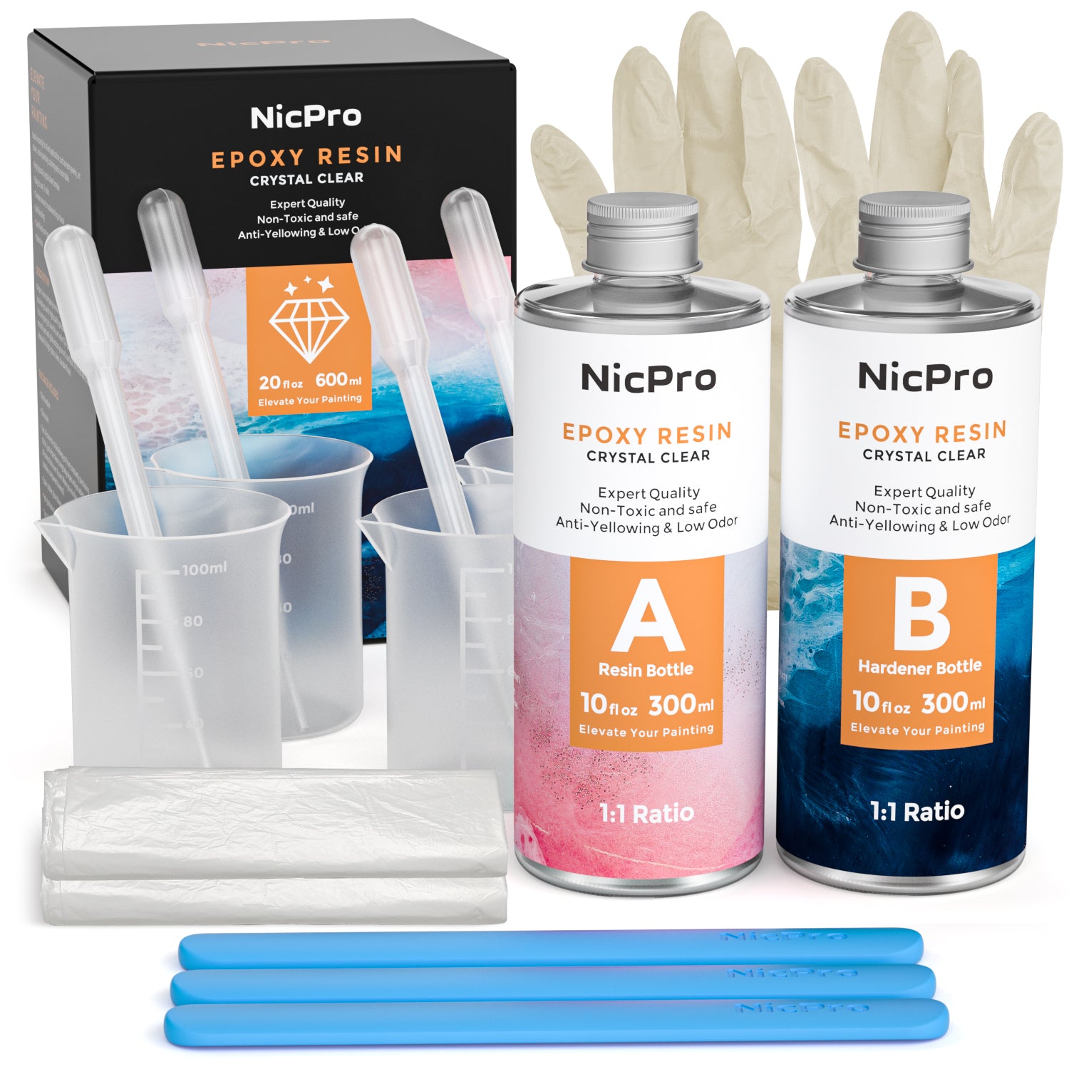 Nicpro 2 Part Art Epoxy Resin 20 Oz. Starter Clear Coating and Casting Resin with Silicone Sticks, Gloves, Measuring Cups, Tablecloths, Pipettes for Resin Molds Jewelry Making Kit- Easy Mix 1:1 Ratio