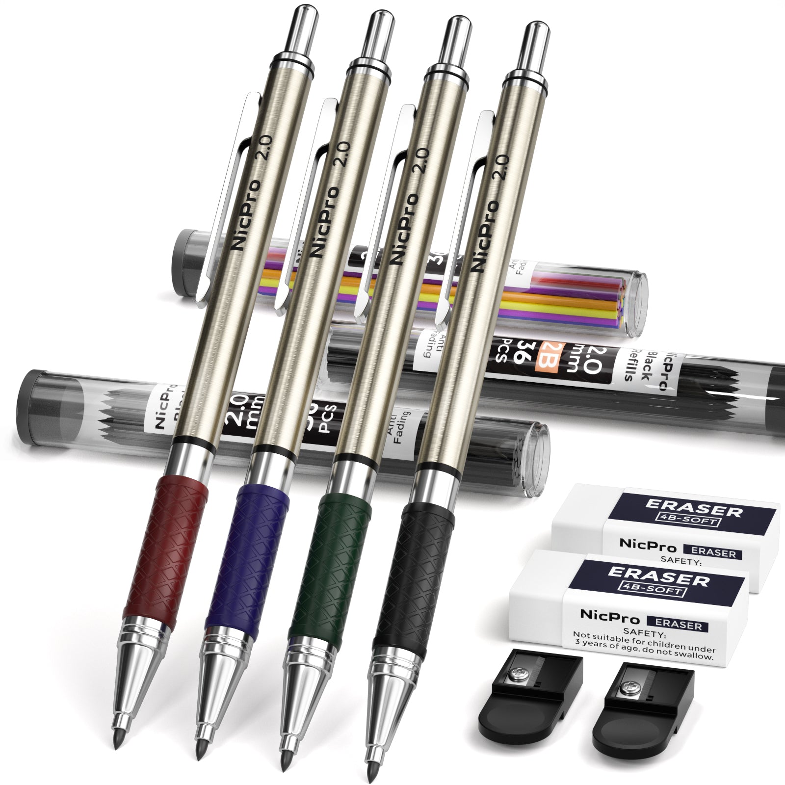 Nicpro 6Pcs Art Mechanical Pencils Set, 3 Pcs Metal Drafting Pencil 0.5mm &  0.7mm & 0.9mm and 3 Pcs 2mm Graphite Lead Holder (2B HB 2H) with 12 Tubes  Lead Refills 