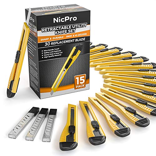 Nicpro 15 PCS Utility Knife Box Cutters Retractable Razor Knife 9mm wi