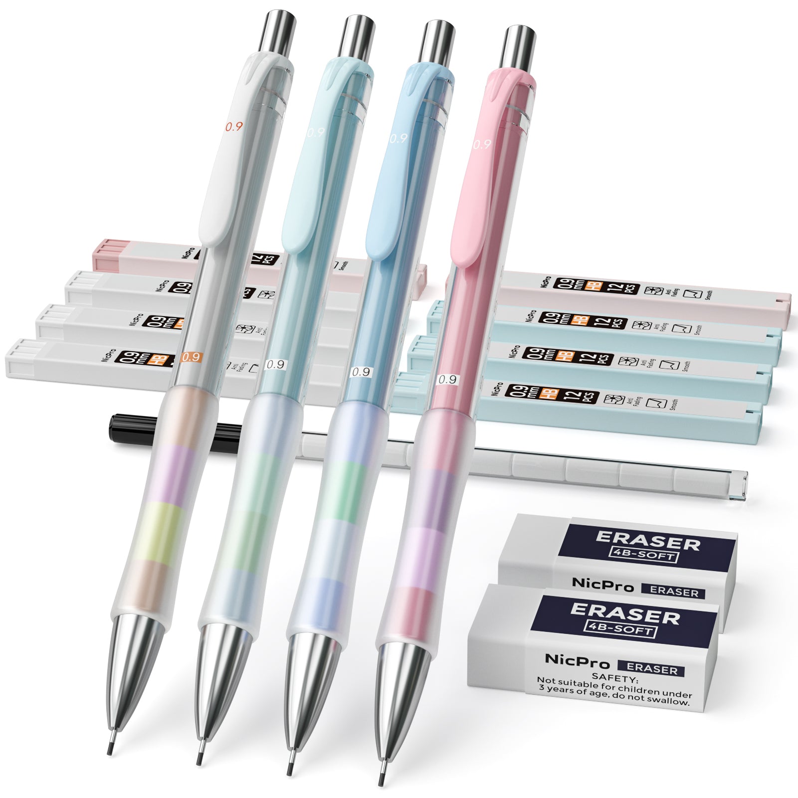 Nicpro 4 PCS 0.9 mm Mechanical Pencil Set With Storage Case, Pastel Dr