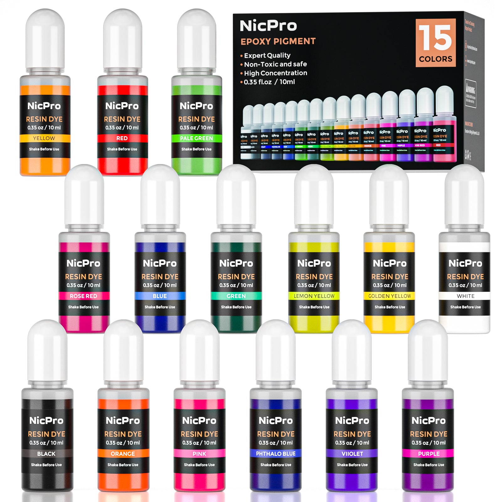 Nicpro 15 Colors Epoxy Resin Pigment, Liquid Epoxy Dye Translucent Resin Tint Colorant for Resin, DIY Jewelry Craft Paint Art Making - 0.35oz Each