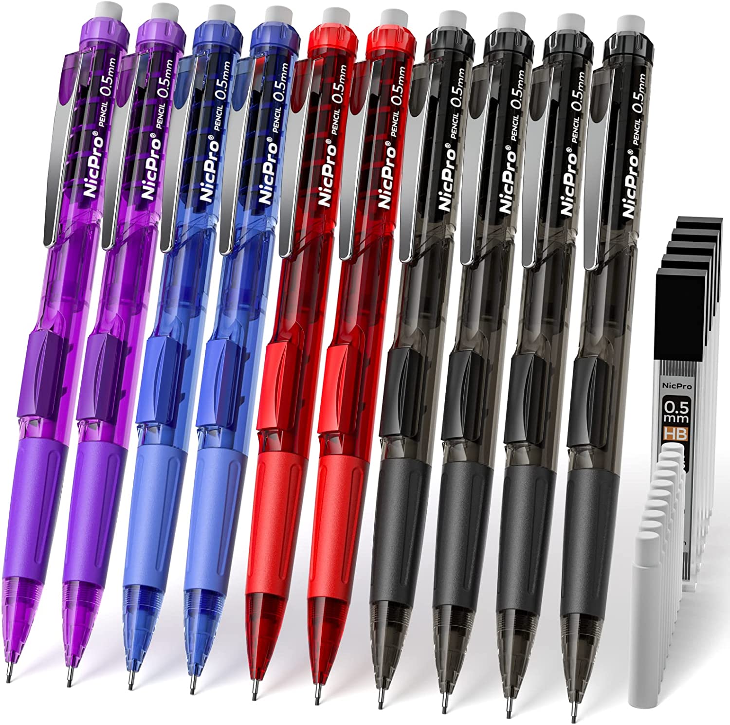 Nicpro 0.5 mm Art Mechanical Pencil Bulk Set, 10 PCS Colored Rotate-Er