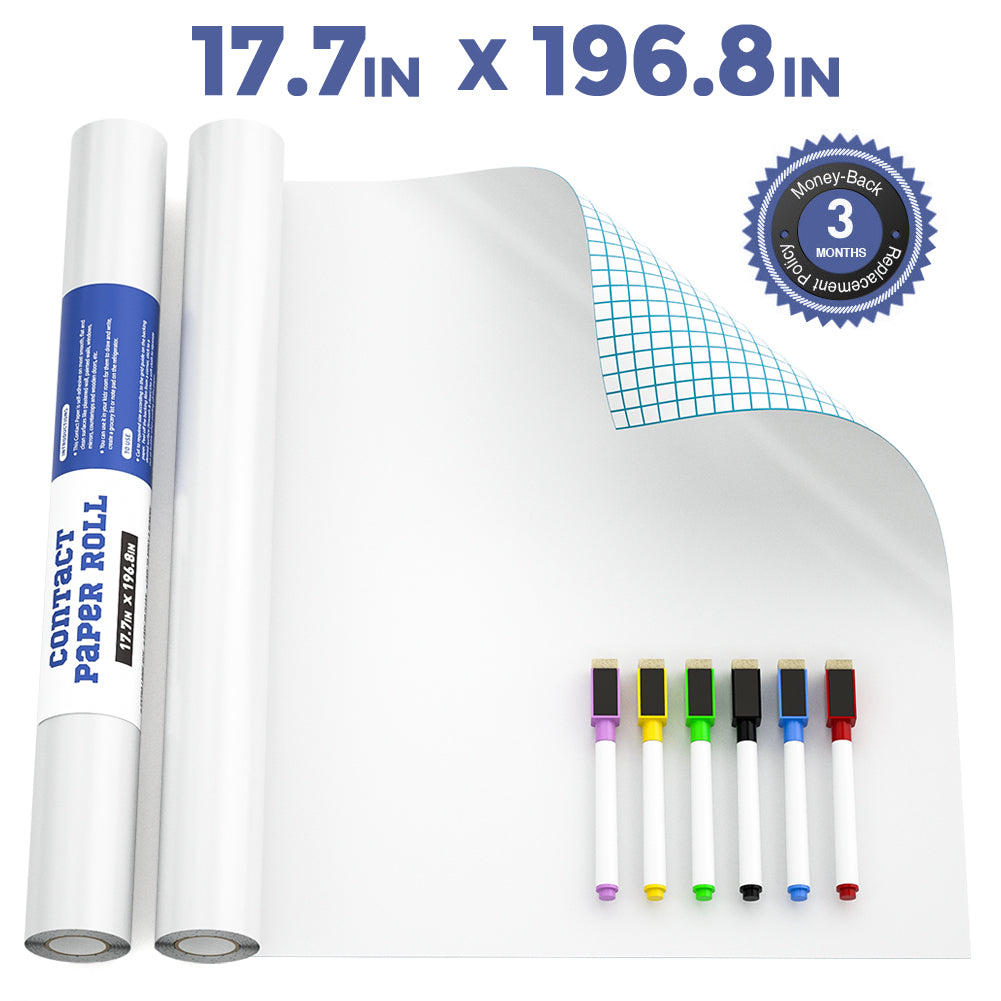 Nicpro Extra Large White Contact Paper 17.7" X 196.8",Self-Adhesive Dry Erase Paper Film Whiteboard Sticker Wall Decal with 6 Color Water-Based Pens for Home Office