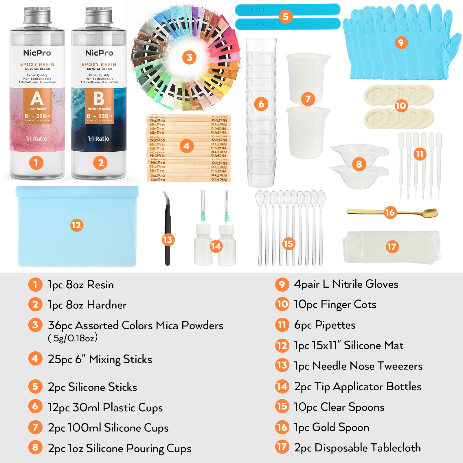 Clear Epoxy Resin Starter Kit 115 Pack, 16 Ounce Resin with 36 Colors Mica Powders Pigment, Measuring Cups, Silicone & Wood Stick Beginner Tools for Craft, Jewelry Making, Molds, Cast Pouring