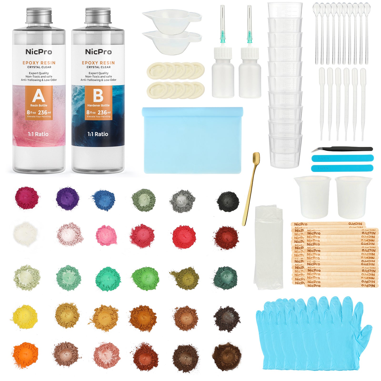 Clear Epoxy Resin Starter Kit 115 Pack, 16 Ounce Resin with 36 Colors Mica Powders Pigment, Measuring Cups, Silicone & Wood Stick Beginner Tools for Craft, Jewelry Making, Molds, Cast Pouring