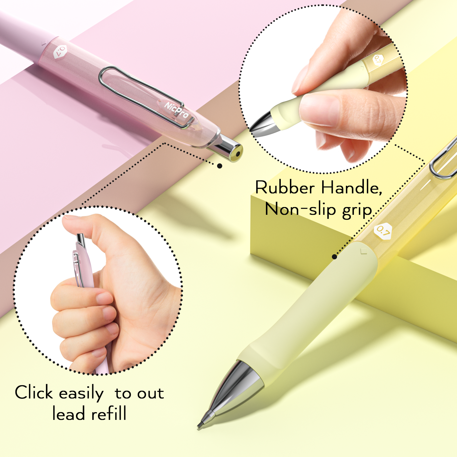 Nicpro 6 Colors Pastel Mechanical Pencil 0.7 mm for School, Artist, Student Writing, Drawing, Drafting, Sketching with Great Grip, HB Lead Refills, Erasers, Eraser Refills | Come with Plastic Case