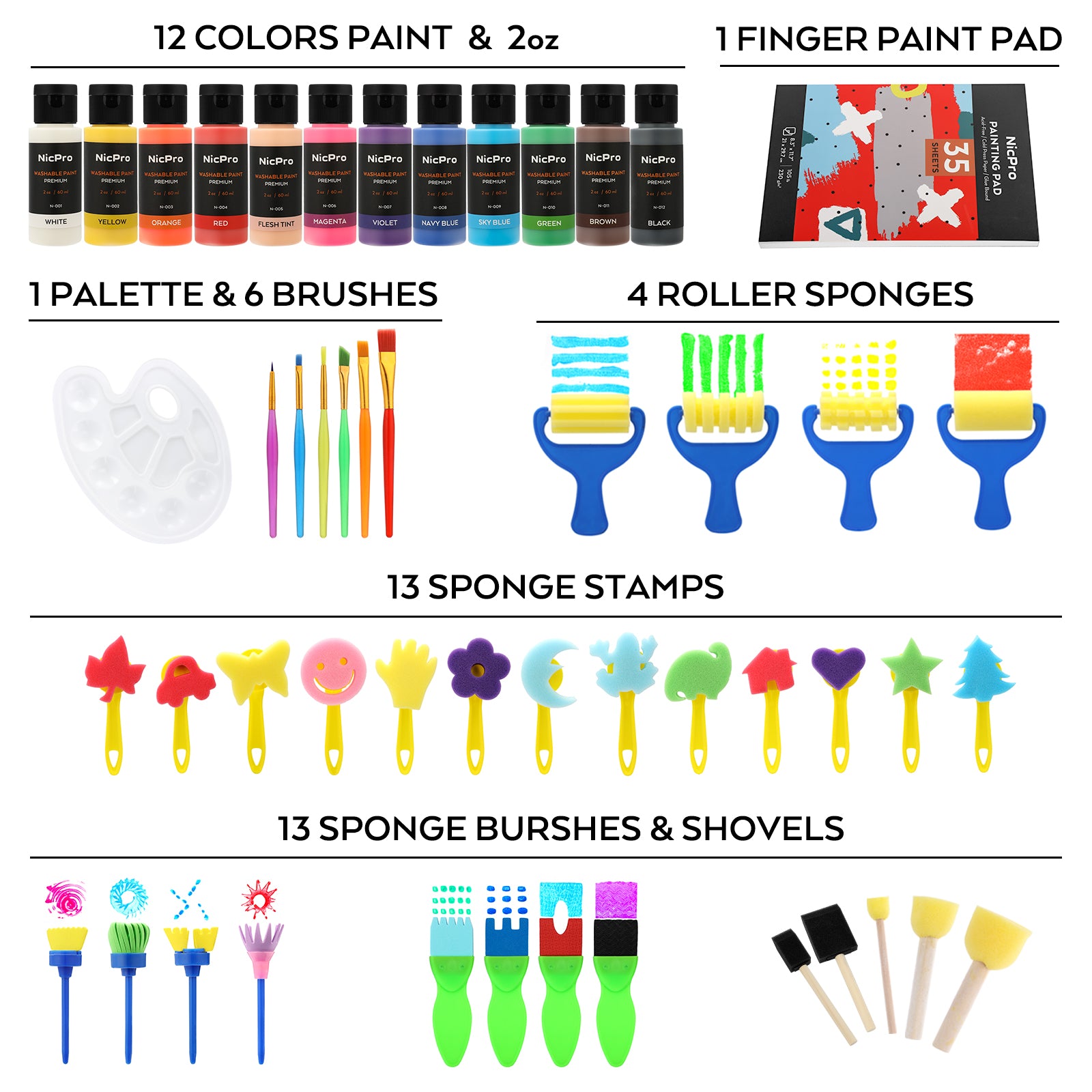 Nicpro 60 Pack Creations Washable Paint Set for Kids, 12 Colors Art Tempera Paint, Sponge Brushes and Stamps, Smock,Palette,Paper Pad Toddler Finger Painting Supplies Kit