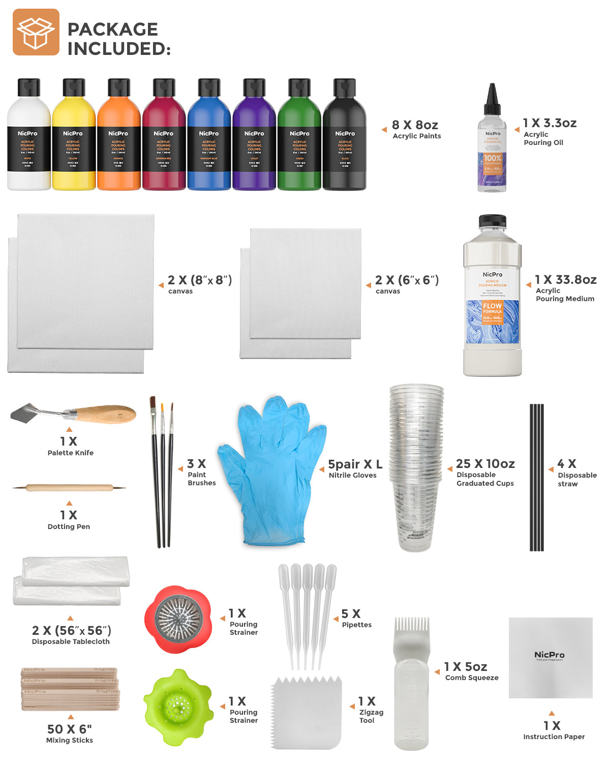 Nicpro 115 Pack Large Volume Acrylic Pouring Art Supplies , 8 Basic Colors 8 oz Acrylic Paints Set, Pouring Medium Starter Kit with Pour Oil, 4 Pack Canvases, Cups, Mixing Sticks, Gloves, Strainers, Brushes for Painting