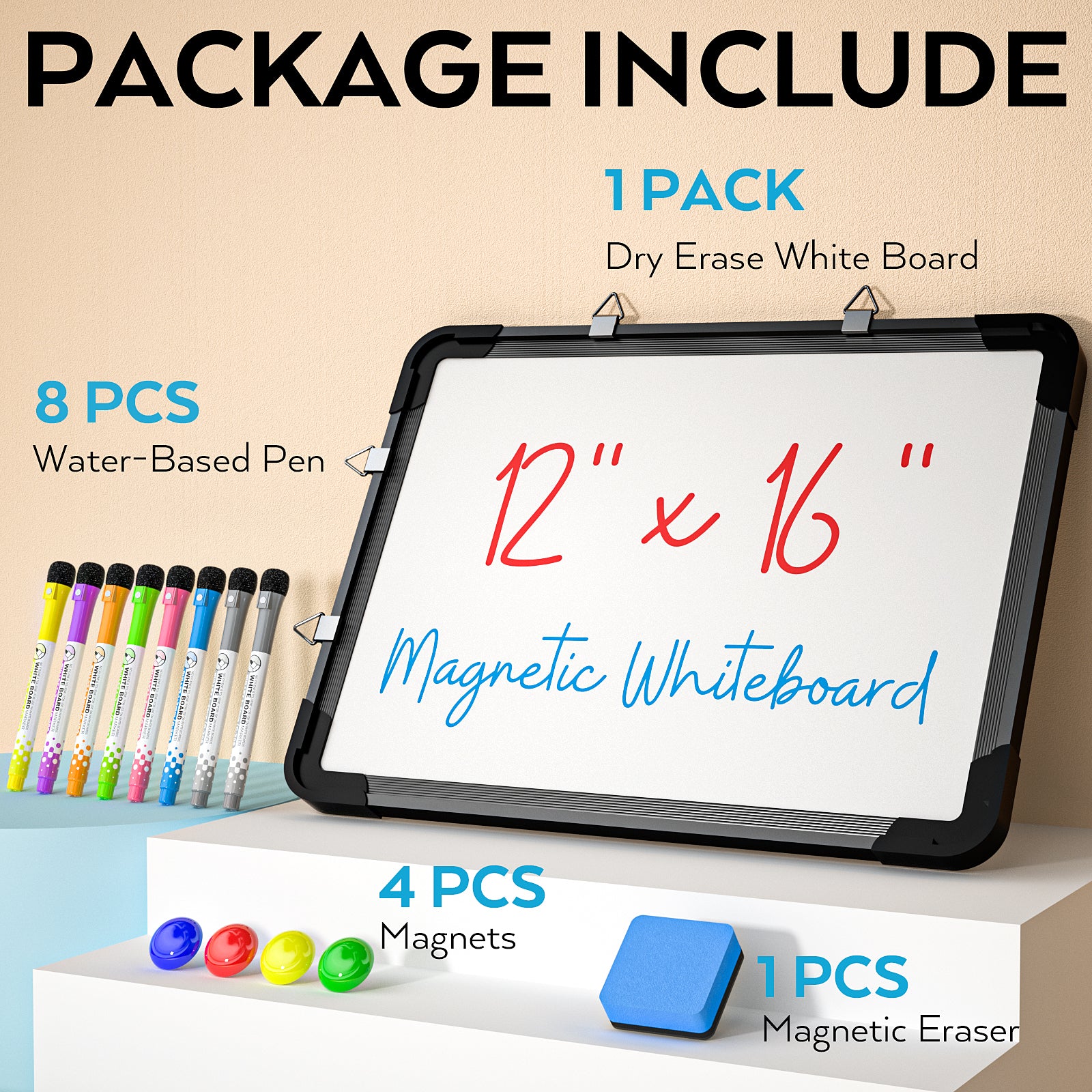 Nicpro Dry Erase Whiteboard Hanging, 12 x 16 inch Double Sided Large Magnetic Wall White Board with 8 Pens, 1 Eraser, 4 Magnets, Portable White Board for Kids Memo to Do List Students School (Black)