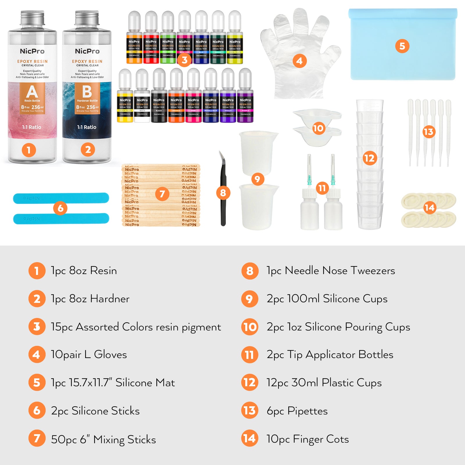 Nicpro 16 oz Epoxy Resin Kit Supplies with 15 Colors Liquid Resin Pigment Dye, Silicone Sticks,Mat, Measuring Cups, Gloves for Art, Crafts, Tumblers & Jewelry Making, Molds, Coating