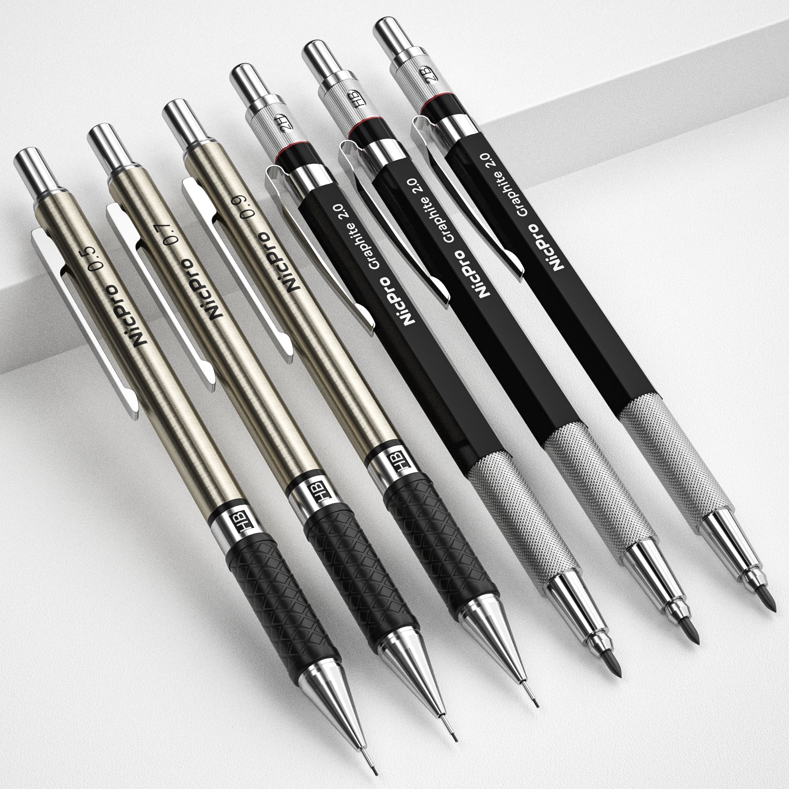 Nicpro 6Pcs Art Mechanical Pencils Set, 3 Pcs Metal Drafting Pencil 0.5mm & 0.7mm & 0.9mm and 3 Pcs 2mm Graphite Lead Holder (2B HB 2H) with 12 Tubes Lead Refills