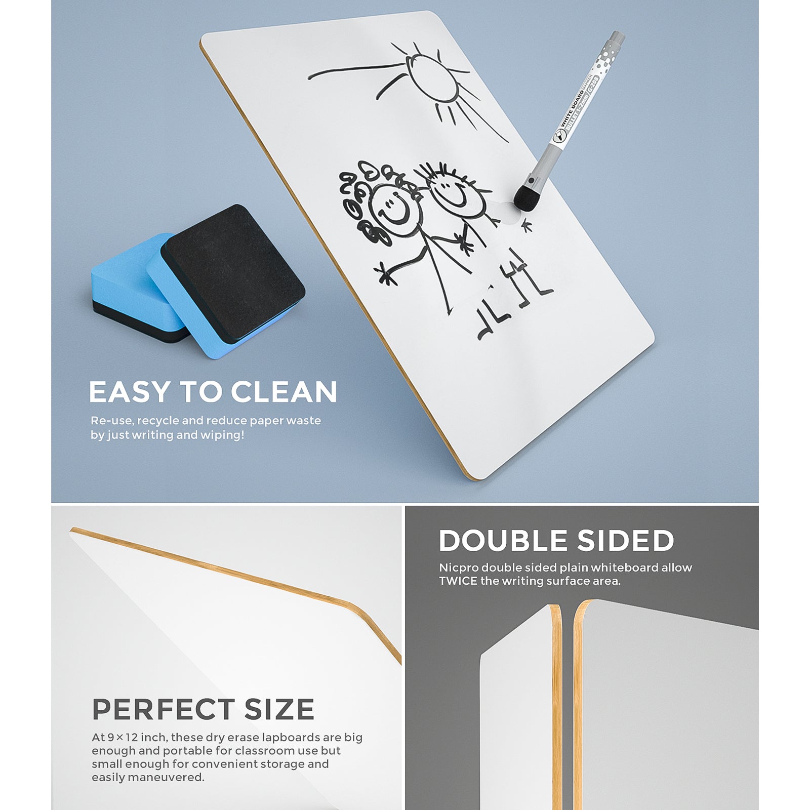 Nicpro 2 Pack Dry Erase Lap Board 9 x 12 Inches Double Sided Lapboard Bulk with 8 Water-Based Pens 2 Eraser, Learning Whiteboard Portable Drawing Board for Kid Student and Classroom Use