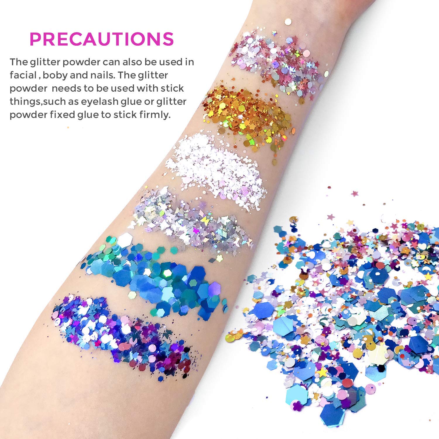 Nicpro Holographic Chunky Glitter Set 6 Colors with 3pcs Fix Gel Festival Glitter Cosmetic Face Body Hair Nails Blue Pink Silver Gold White Glitter