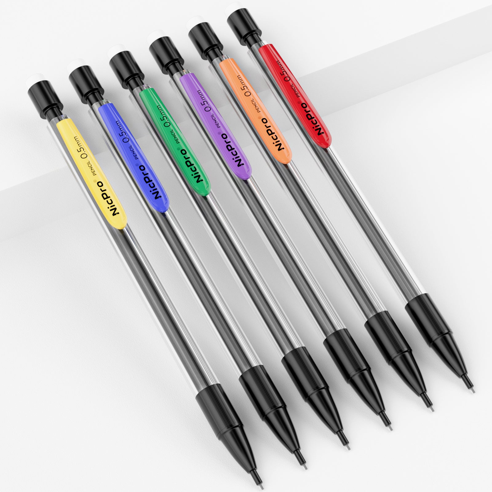 Nicpro 6 PCS 0.5 mm Mechanical Pencil Set, Color Pencil Clips Design Drafting Pencil with HB Lead Refills, 3 Eraser Refills for Student Writing, Drawing, Sketching