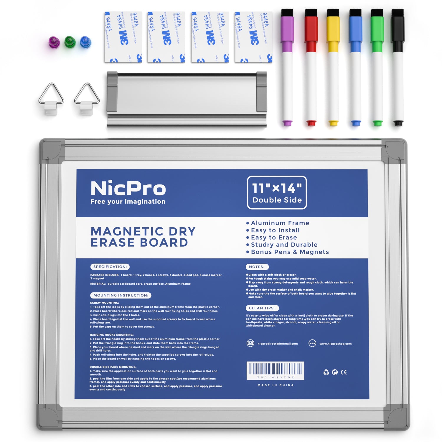 Nicpro 11"×14" Small Magnetic Dry Erase Board Double Sided Portable Aluminum Framed Hanging Whiteboard with 6 Erase Markers 3 Magent