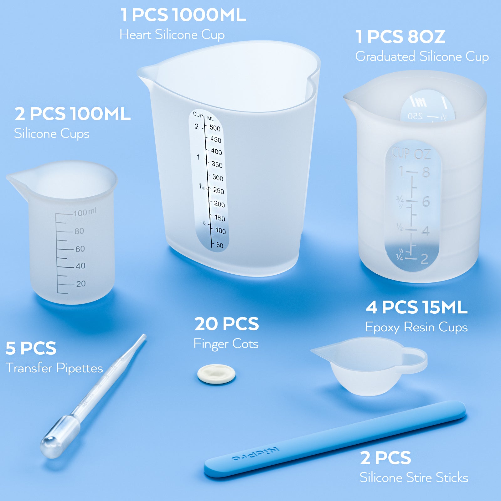 Large Resin Silicone Measuring Cups Tool Set, Nicpro Heart Shape 500ml &100ml Measure Cups, Silicone Stir Sticks, Pipettes, Gloves for Epoxy Resin Mixing, Molds, Jewelry Making, Waxing, Easy Clean