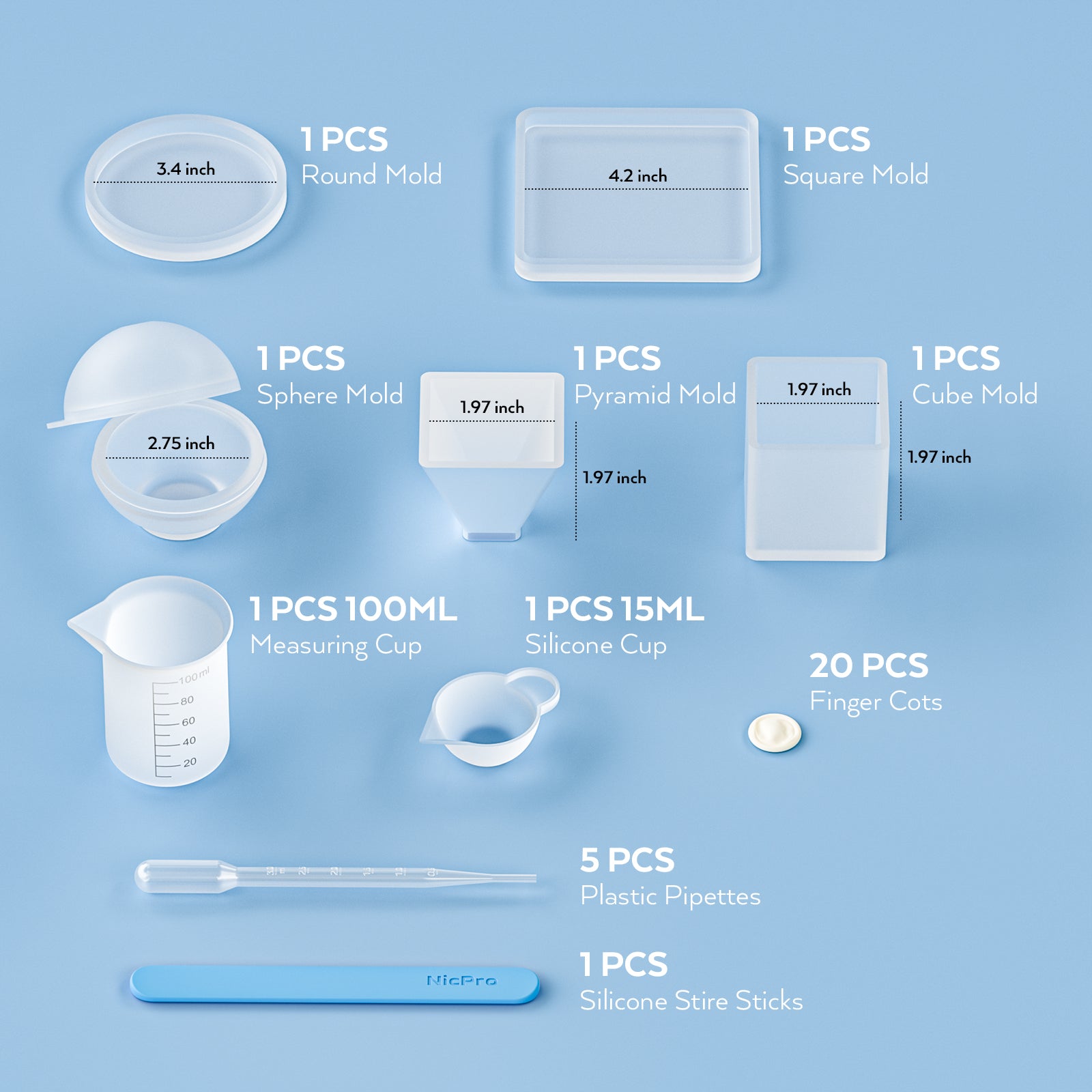 Silicone Epoxy Resin Mold Bundle Kits, Nicpro 5PCS Large Resin Casting Molds Square, Cube, Sphere, Round, Pyramid with Silicone Measure Cup and Sticks for Candle Wax, Soap Bowl Mat