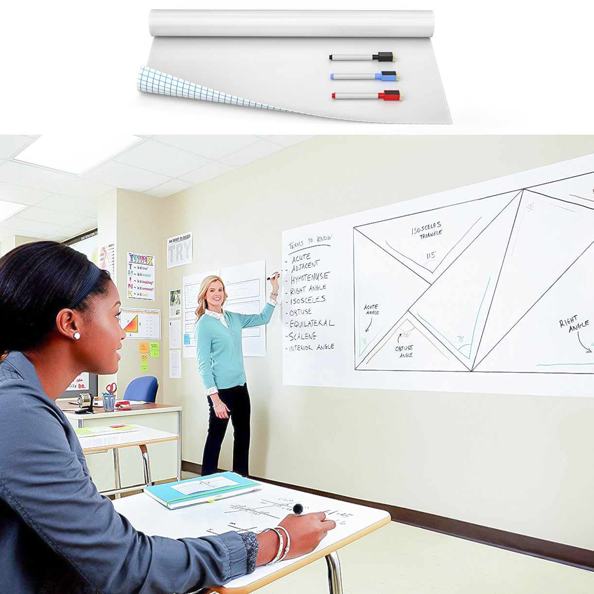 Nicpro White Contact Paper,Self-Adhesive Dry Erase Paper Film Whiteboard Sticker Wall Decal Large 17.7" X 78.7" with 3 Color Water-Based Pens for Home Office