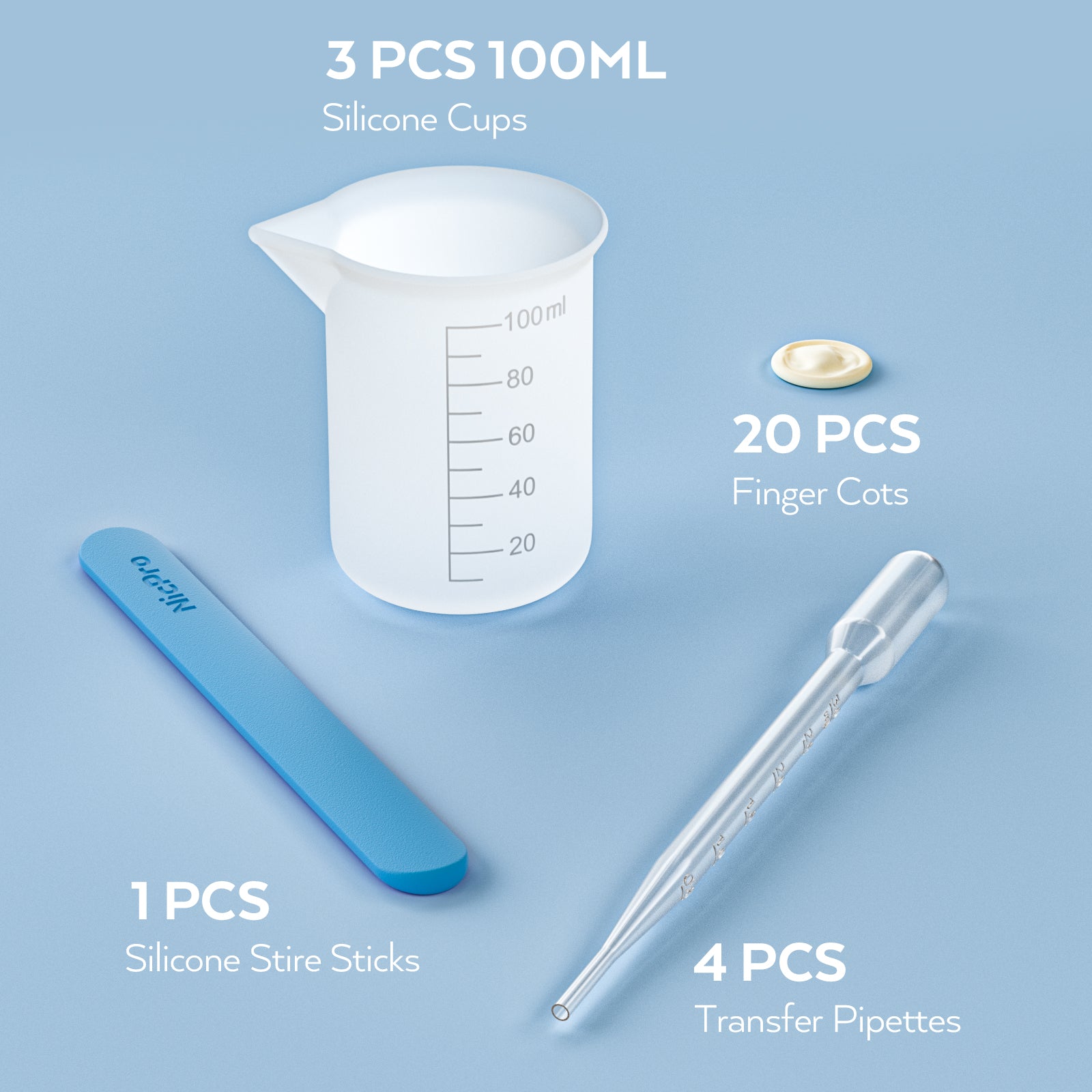 Nicpro 100 ml Silicone Measuring Cups Kit with Silicone Popsicle Stir Stick, Pipettes, Finger Cots for Epoxy Resin Mixing, Molds, Glue,Jewelry Making, Waxing, Easy Clean