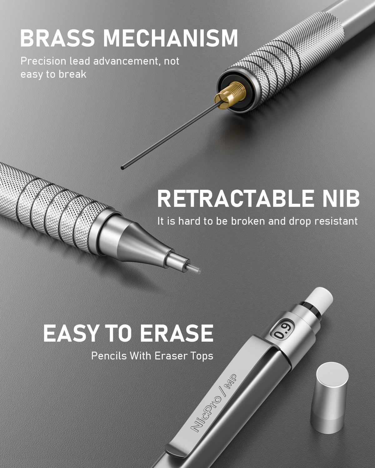 Nicpro 3 Pcs 0.9 mm Metal Mechanical Pencils, with 6 Tubes HB Lead Refills, 3Pcs Erasers, Erasers Refills, Drafting Pencil Set with Case - Silver