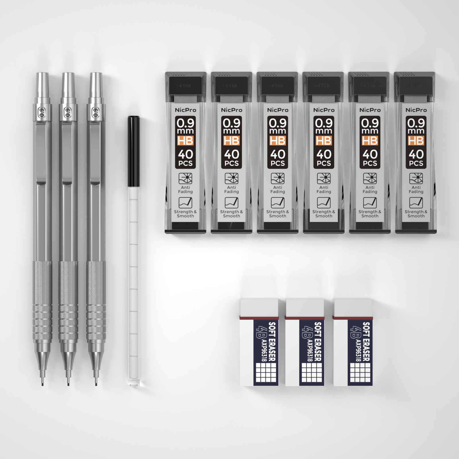 Nicpro 3 Pcs 0.9 mm Metal Mechanical Pencils, with 6 Tubes HB Lead Refills, 3Pcs Erasers, Erasers Refills, Drafting Pencil Set with Case - Silver