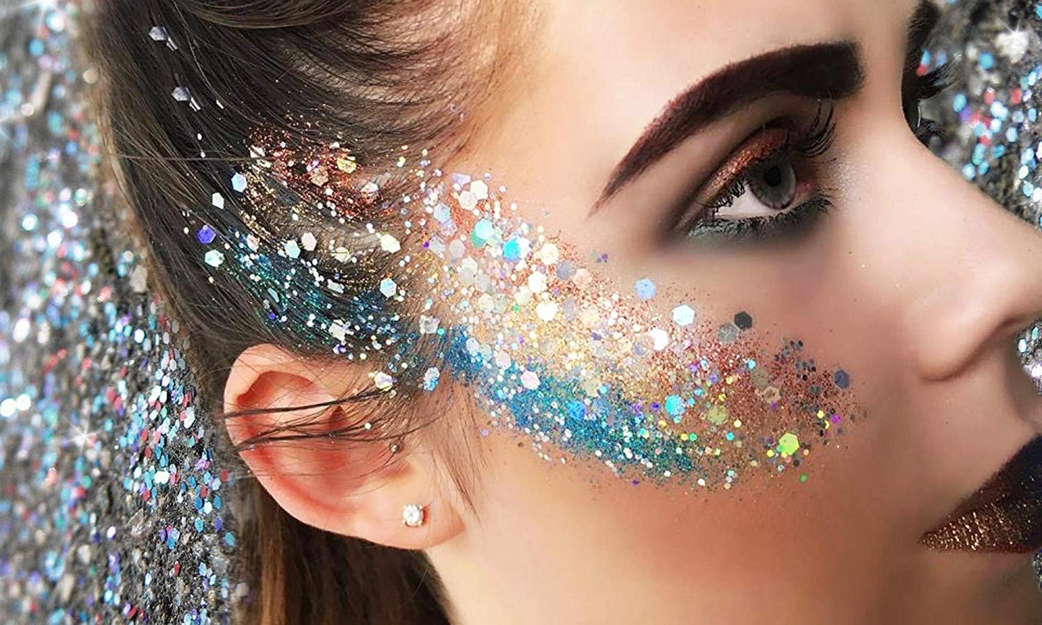 Nicpro Holographic Chunky Glitter Set 6 Colors with 3pcs Fix Gel Festival Glitter Cosmetic Face Body Hair Nails Blue Pink Silver Gold White Glitter
