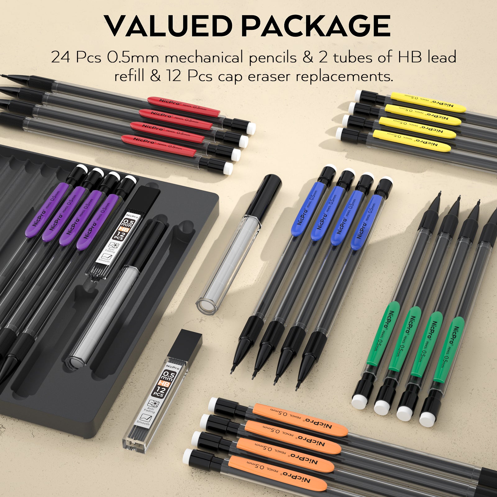 Nicpro 24 Pack 0.5 mm Mechanical Pencils Set, Lead Pencil Bulk Cute Mechanical Pencil with 2 tubes HB #2 Lead Refills & Eraser Refills for Kids Girls Art Writing, Drawing, Drafting, Sketching, School
