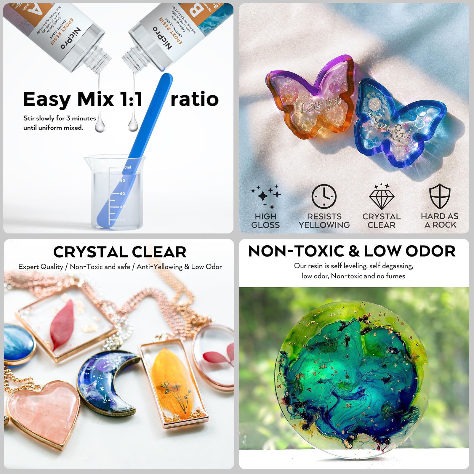 Nicpro 16 oz Epoxy Resin Kit Supplies with 15 Colors Liquid Resin Pigment Dye, Silicone Sticks,Mat, Measuring Cups, Gloves for Art, Crafts, Tumblers & Jewelry Making, Molds, Coating