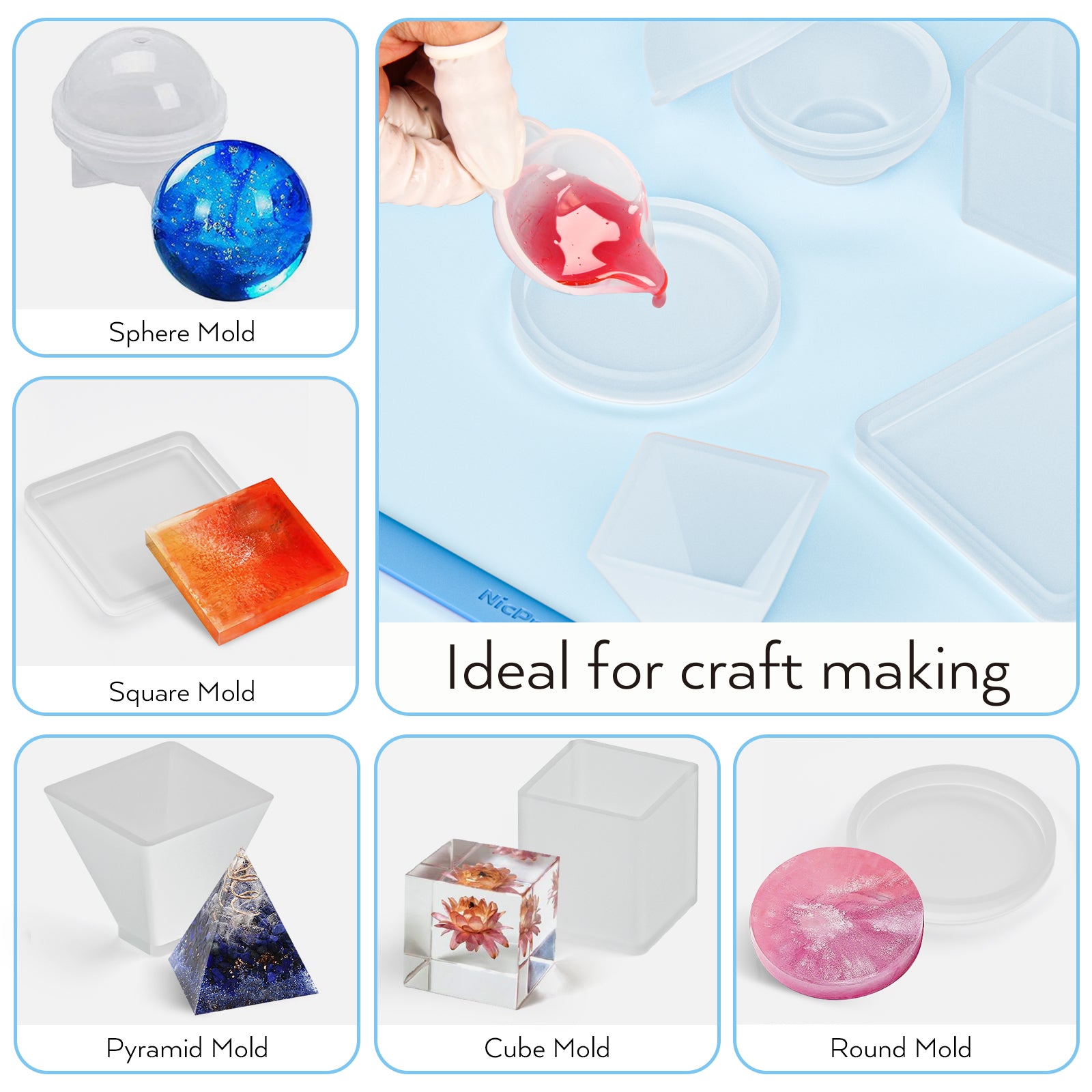 Silicone Epoxy Resin Mold Bundle Kits, Nicpro 5PCS Large Resin Casting Molds Square, Cube, Sphere, Round, Pyramid with Silicone Measure Cup and Sticks for Candle Wax, Soap Bowl Mat