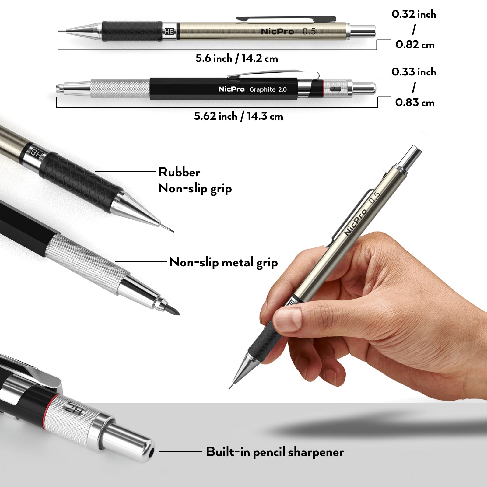 Nicpro 6Pcs Art Mechanical Pencils Set, 3 Pcs Metal Drafting Pencil 0.5mm & 0.7mm & 0.9mm and 3 Pcs 2mm Graphite Lead Holder (2B HB 2H) with 12 Tubes Lead Refills