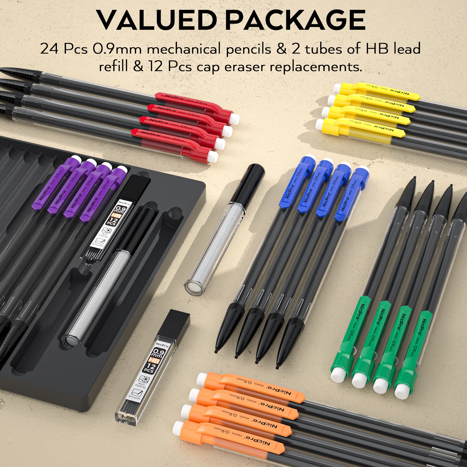 Nicpro 24 Pack 0.9 mm Mechanical Pencils Set, Lead Pencil Bulk Cute Mechanical Pencil with 2 tubes HB #2 Lead Refills & Eraser Refills for Kids Girls Art Writing, Drawing, Drafting, Sketching, School