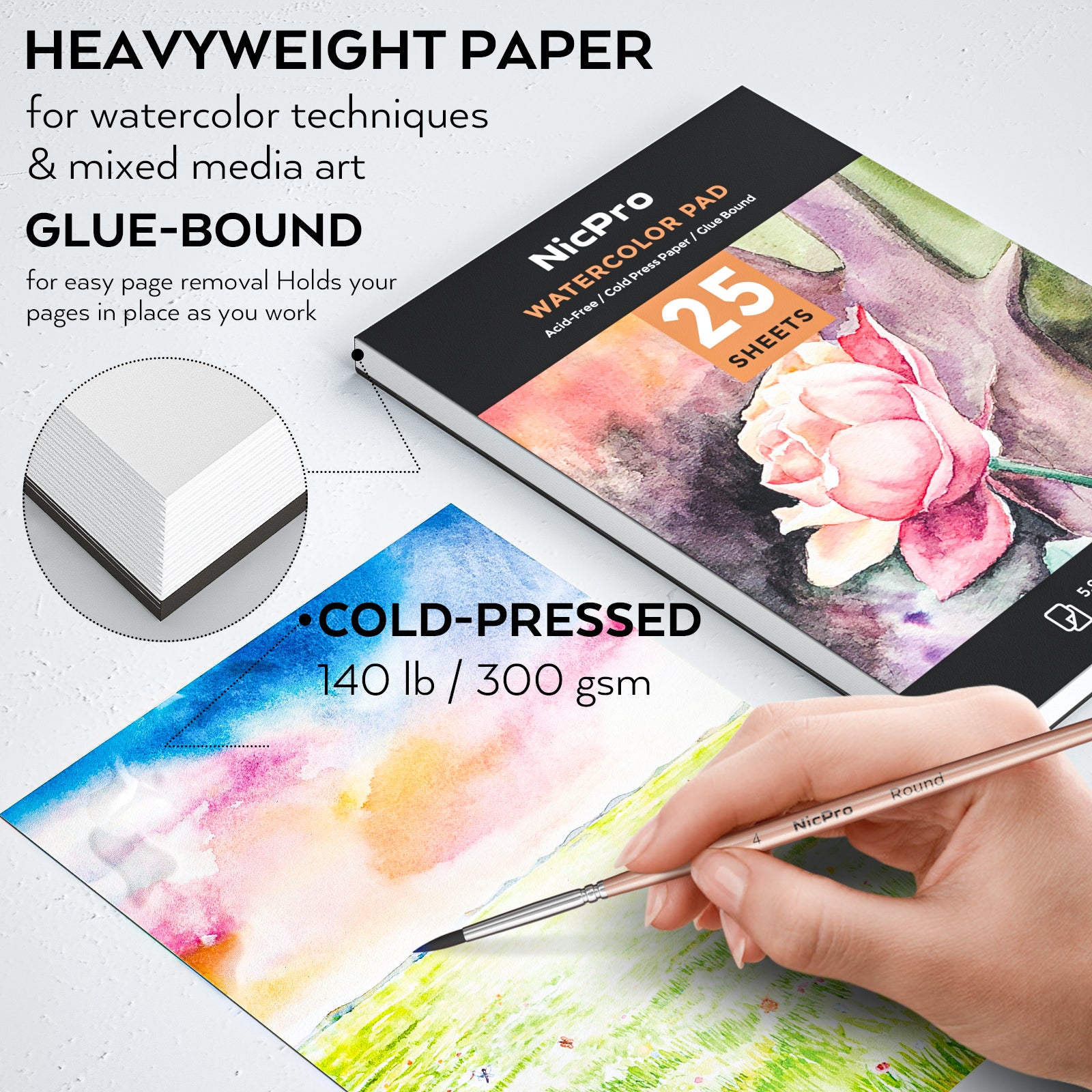 Nicpro Watercolor Paint Kit, Professional Painting Supplies Set 24 Tube Water Color Paints, 8 Synthetic Squirrel Brushes, 25 Papers, Palette, Color Wheel for Artists, Adult