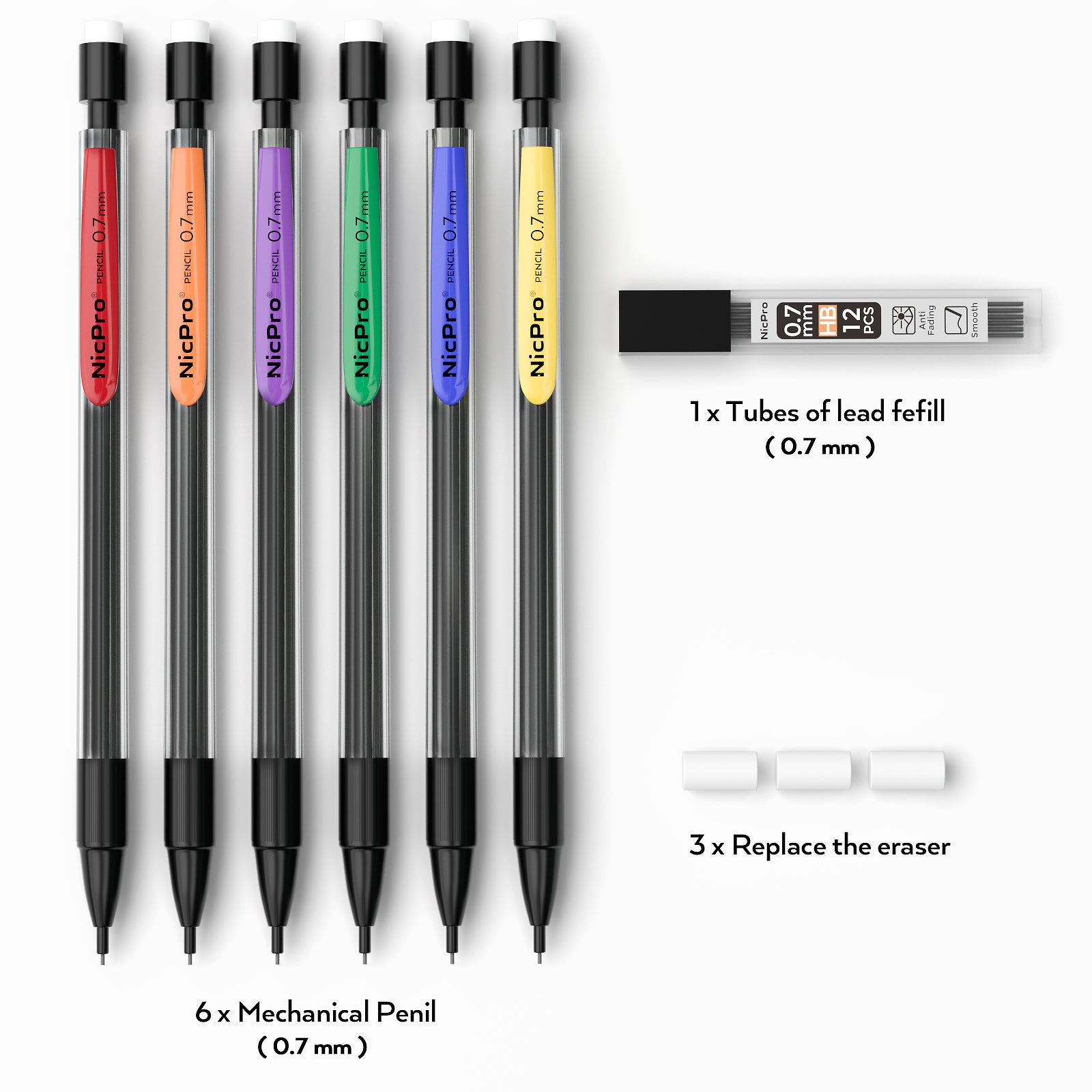 Nicpro 6 PCS 0.7 mm Mechanical Pencil Set, Color Pencil Clips Design Drafting Pencil with HB Lead Refills, 3 Eraser Refills for Student Writing, Drawing, Sketching