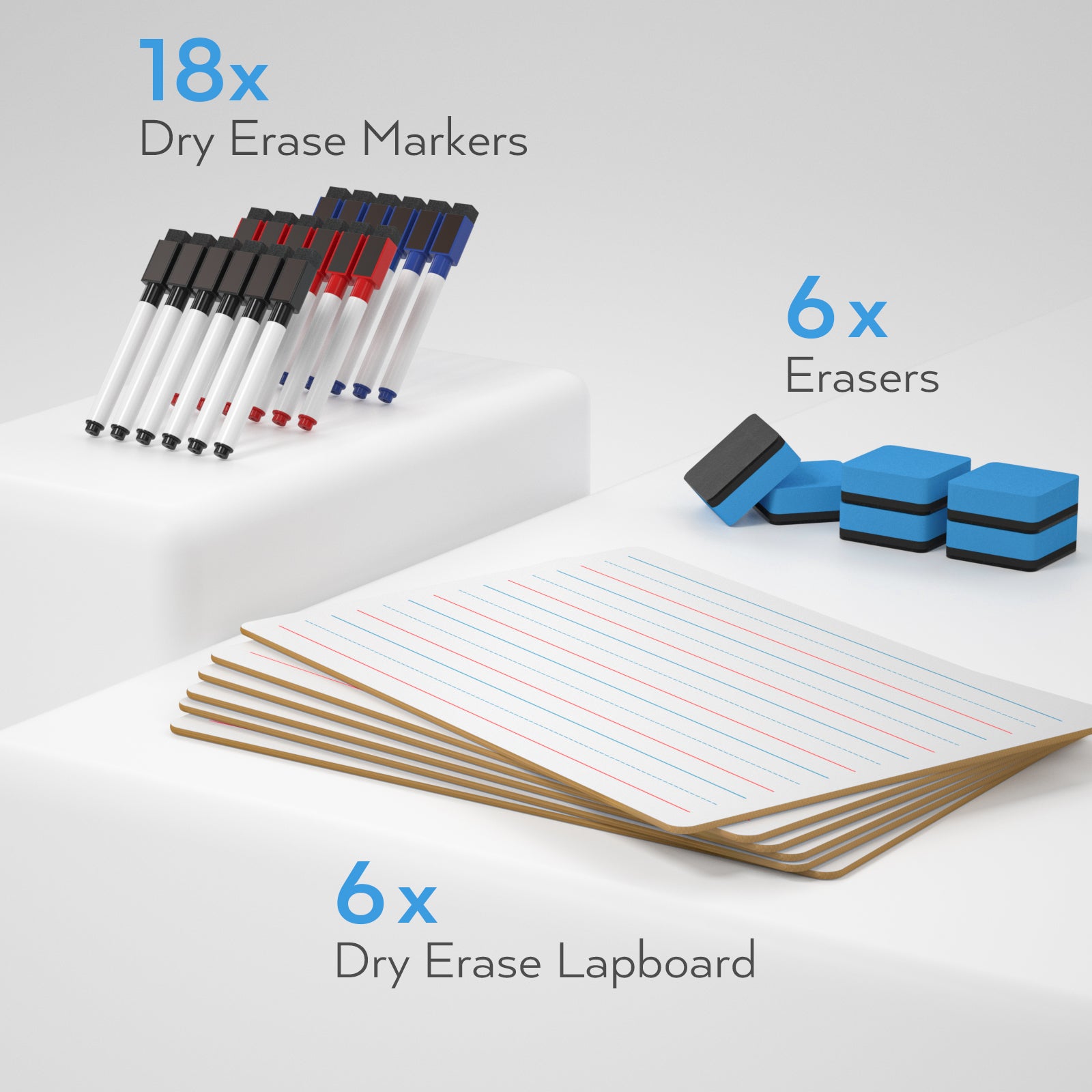 Nicpro 6 Pack Dry Erase Lap Board Set 9 x 12 Inch Double Sided Lined & Blank Lapboard Ruled With 18 Water-based Pens 6 Eraser