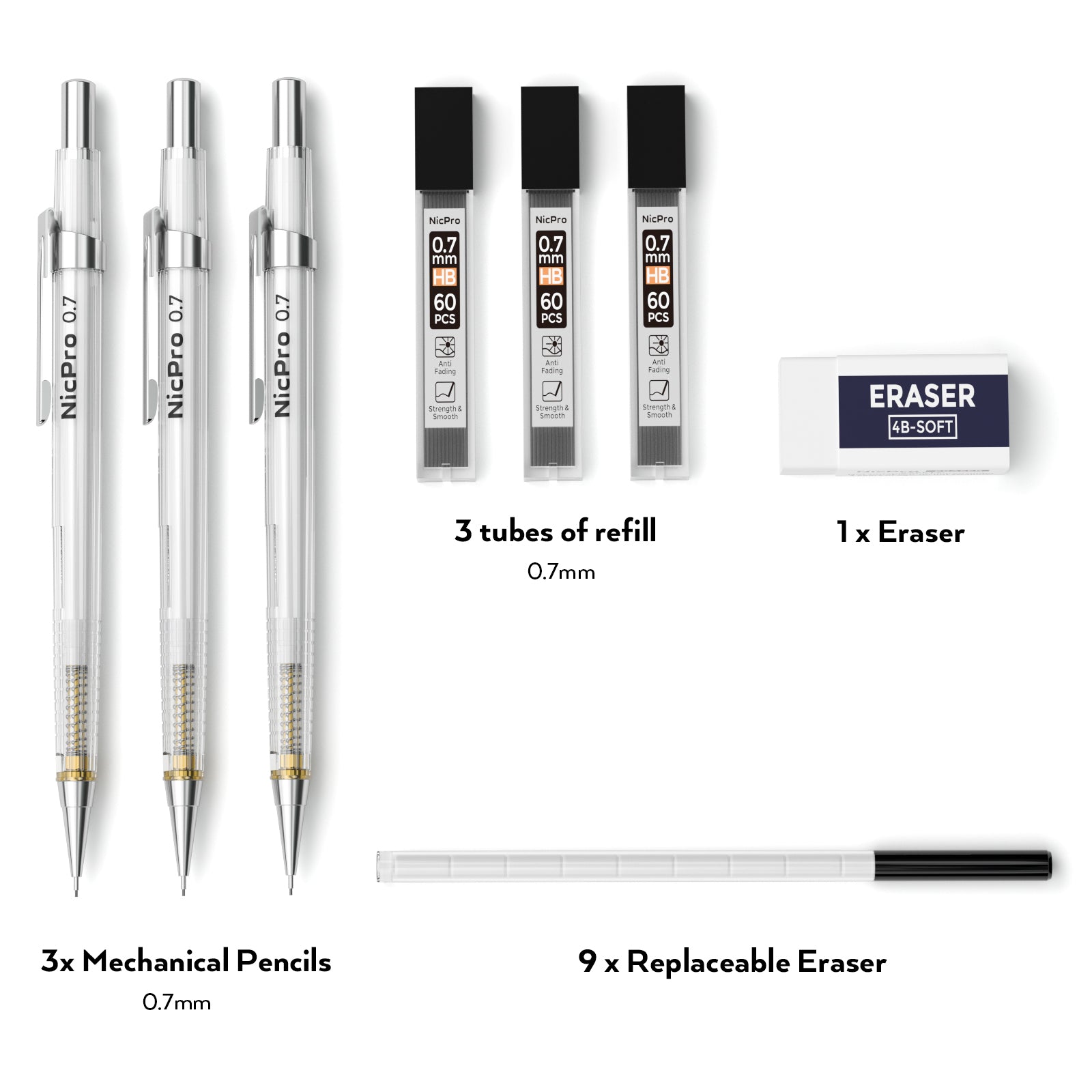 Nicpro 0.7 mm Art Mechanical Pencils Set, 3 Pencil With 3 Tubes HB Pencil Leads, 1 Erasers And 1 Tube Cap Eraser Refill For Architect Art Writing, Drafting, Drawing, Engineering, Sketching