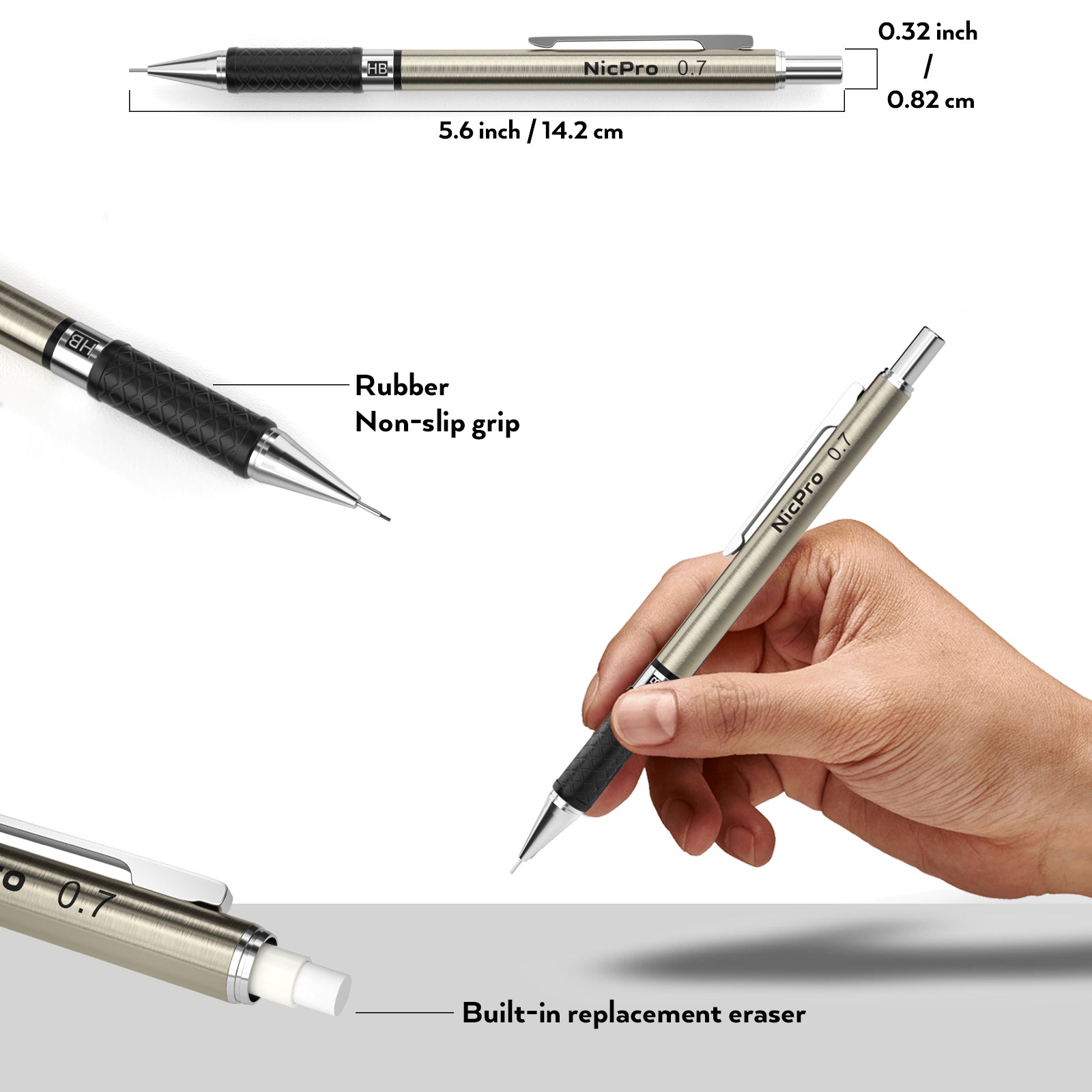 Nicpro 0.7 mm Art Mechanical Pencils Set, 6 PCS Metal Drafting Pencil 0.7mm with 6 Tube HB Lead Refills & 18 PCS Cap Eraser Refills for Adults, Children, Artist Writing, Drawing, Sketching