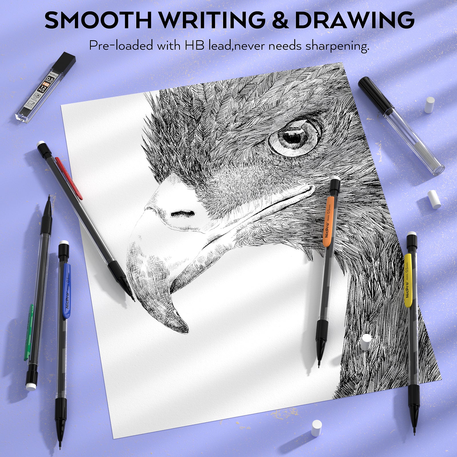 Nicpro 24 Pack 0.5 mm Mechanical Pencils Set, Lead Pencil Bulk Cute Mechanical Pencil with 2 tubes HB #2 Lead Refills & Eraser Refills for Kids Girls Art Writing, Drawing, Drafting, Sketching, School