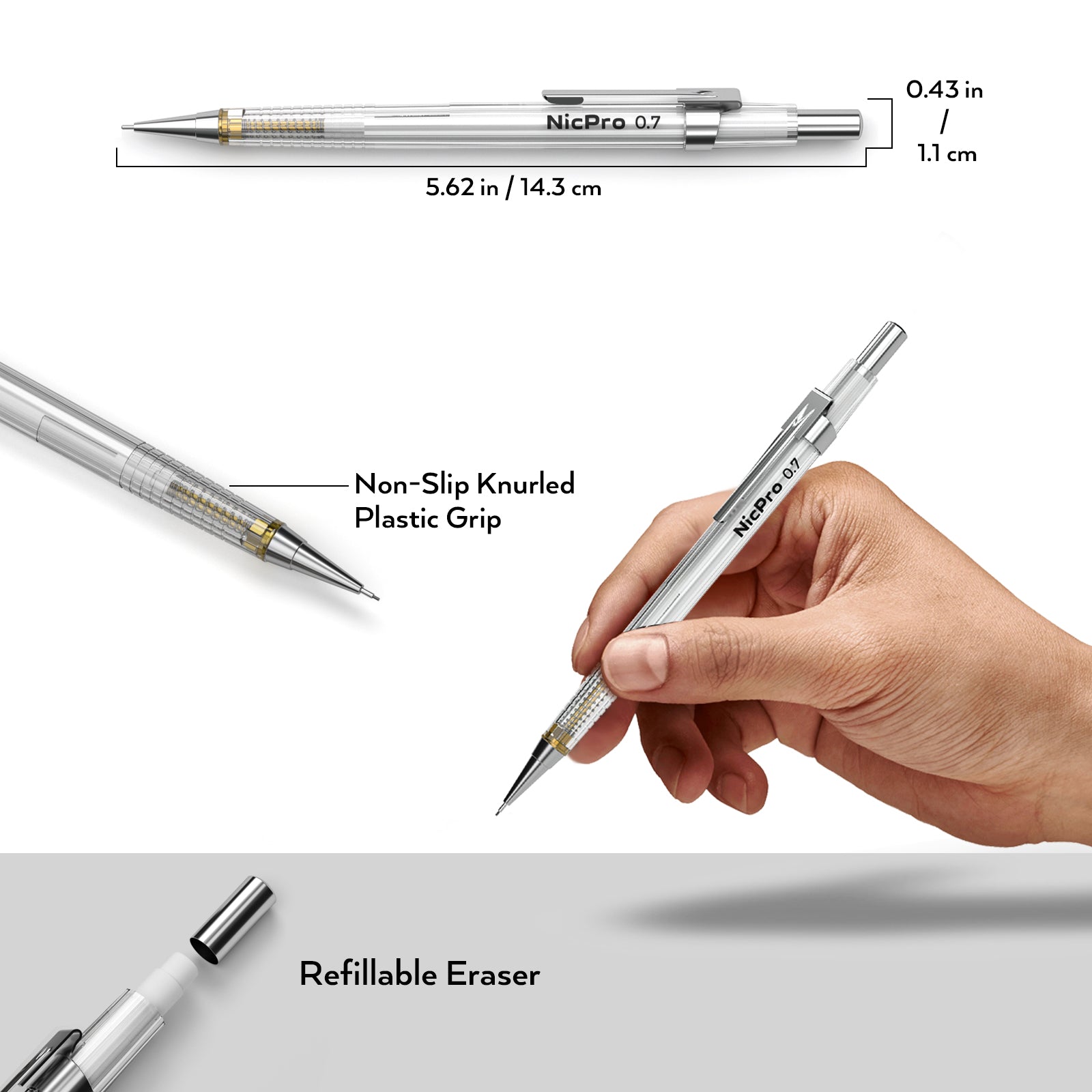 Nicpro 0.7 mm Art Mechanical Pencils Set, 3 Pencil With 3 Tubes HB Pencil Leads, 1 Erasers And 1 Tube Cap Eraser Refill For Architect Art Writing, Drafting, Drawing, Engineering, Sketching