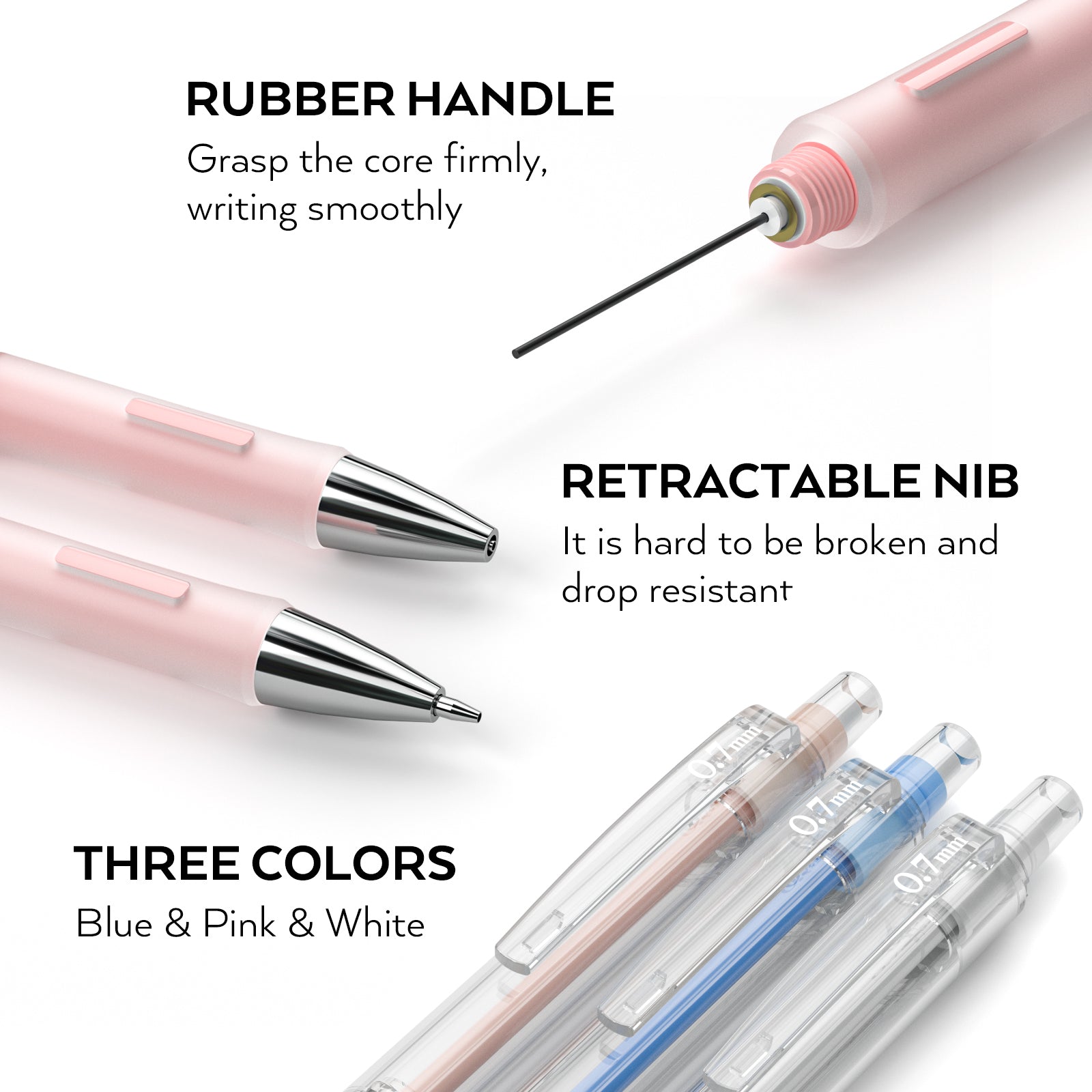 Nicpro 3 PCS Pastel Mechanical Pencil 0.7 with Case for School, with 6 tubes HB Lead Refills, 3 x Erasers, 9 x Eraser Refills for Student Writing, Drawing, Sketching, Blue & Pink & White Colors