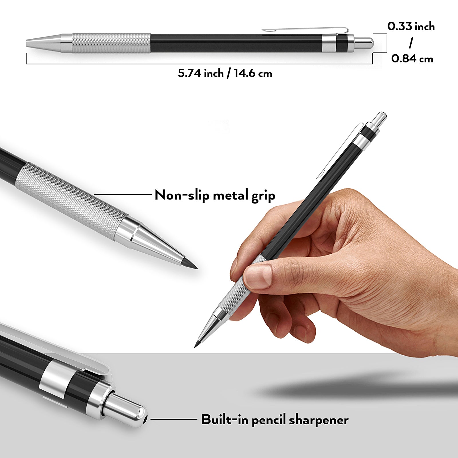 Nicpro 5 PCS Metal Mechanical Pencil Set in Leather Case, 0.3 & 0.5 & 0.7 & 0.9 mm & 2mm Lead Pencil Holders, (4B 2B HB 2H) Lead Refills (Black & Colors), Erasers, For Art Drafting Sketching Drawing