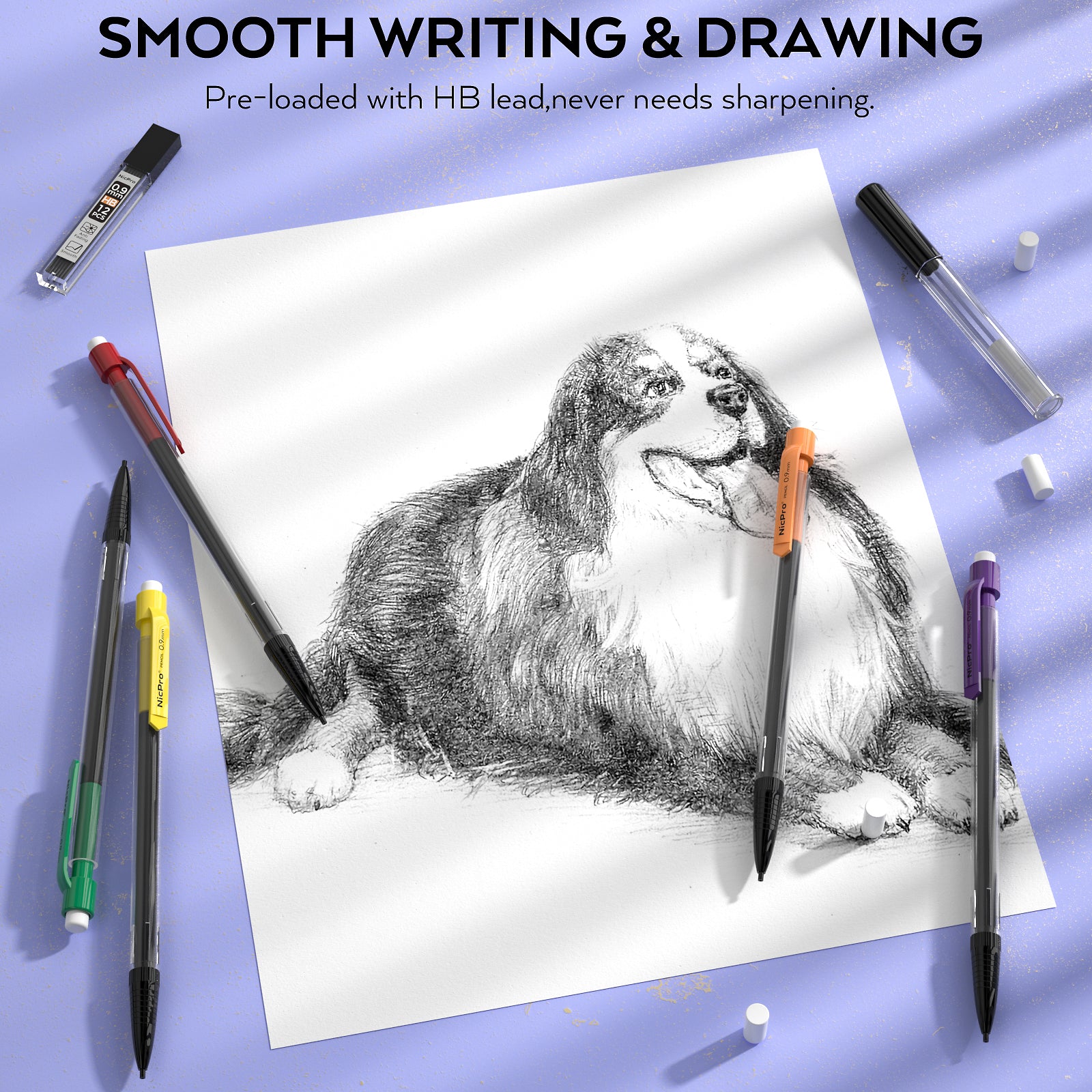 Nicpro 24 Pack 0.9 mm Mechanical Pencils Set, Lead Pencil Bulk Cute Mechanical Pencil with 2 tubes HB #2 Lead Refills & Eraser Refills for Kids Girls Art Writing, Drawing, Drafting, Sketching, School