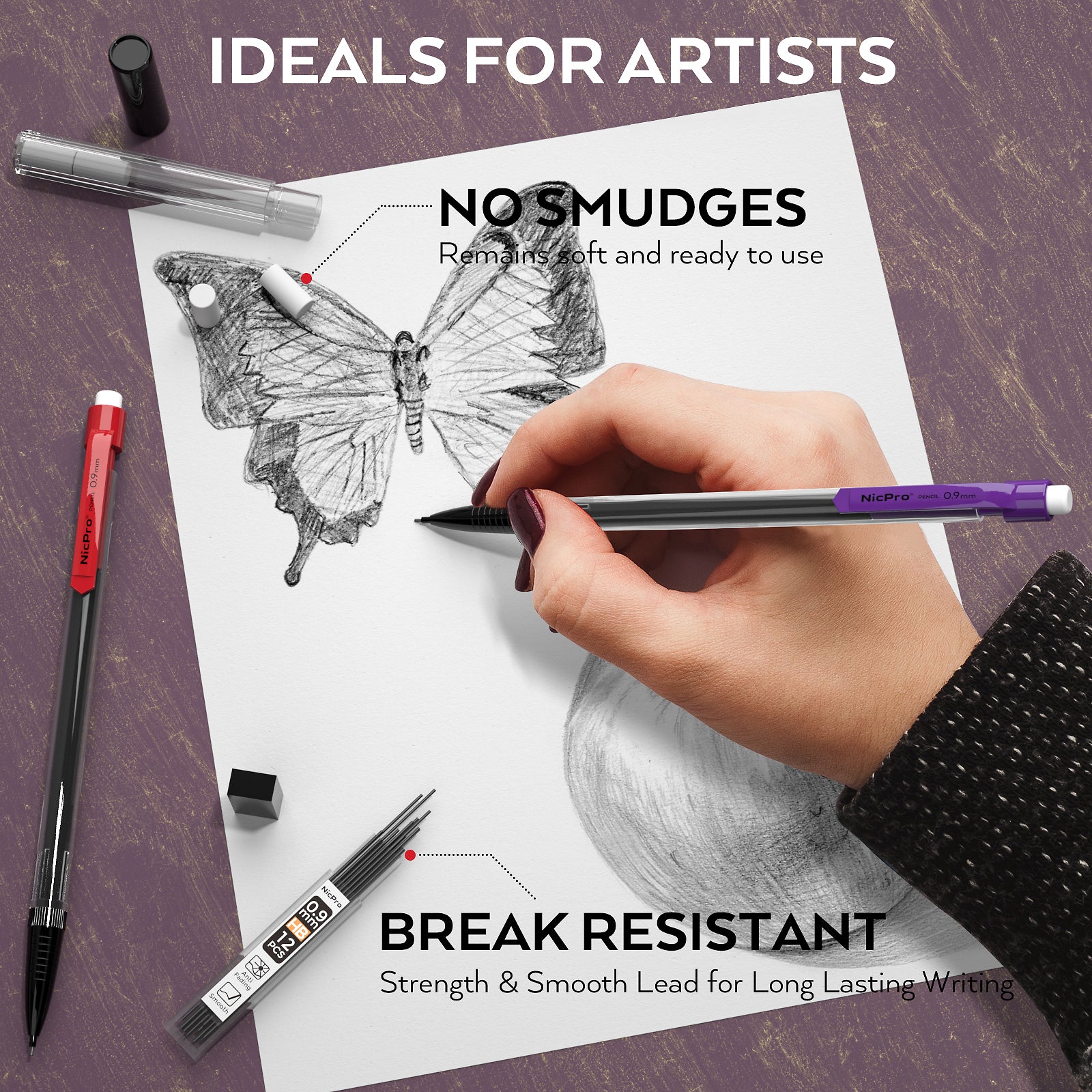 Nicpro 24 Pack 0.9 mm Mechanical Pencils Set, Lead Pencil Bulk Cute Mechanical Pencil with 2 tubes HB #2 Lead Refills & Eraser Refills for Kids Girls Art Writing, Drawing, Drafting, Sketching, School