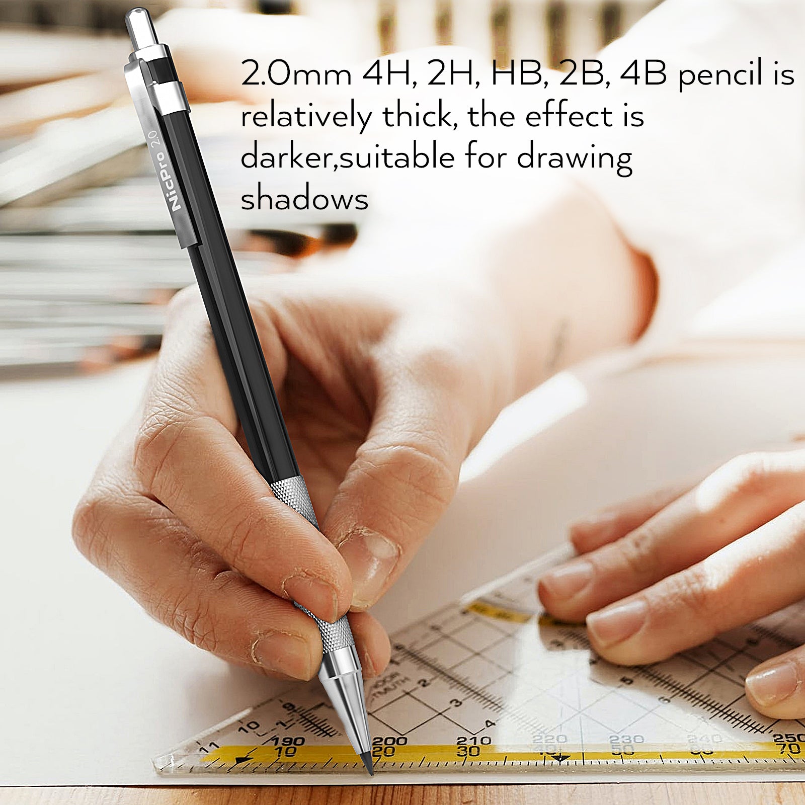Nicpro 5 PCS Metal Mechanical Pencil Set in Leather Case, 0.3 & 0.5 & 0.7 & 0.9 mm & 2mm Lead Pencil Holders, (4B 2B HB 2H) Lead Refills (Black & Colors), Erasers, For Art Drafting Sketching Drawing