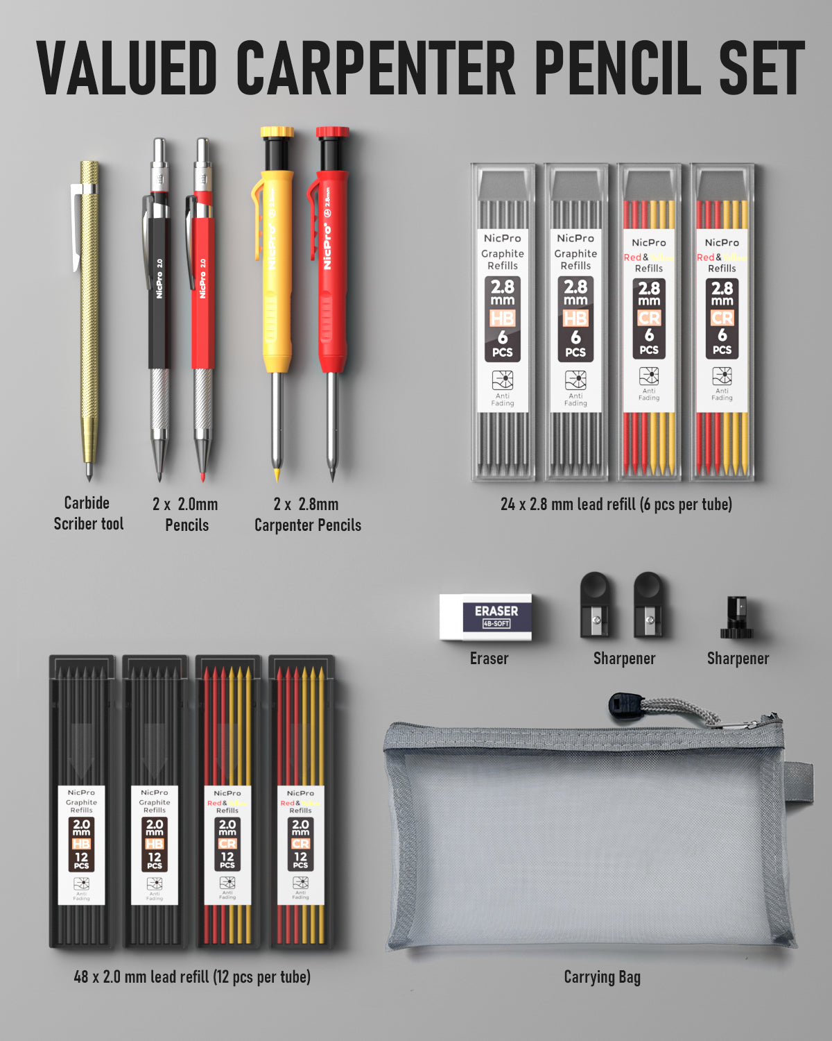 Nicpro 5 Pack Mechanical Carpenter Pencil Set with 76 Refills & Carbide Scribe Tool, Solid Deep Hole Carpenter Markers Woodworking Pencils with Built-in Sharpener for Construction Architect