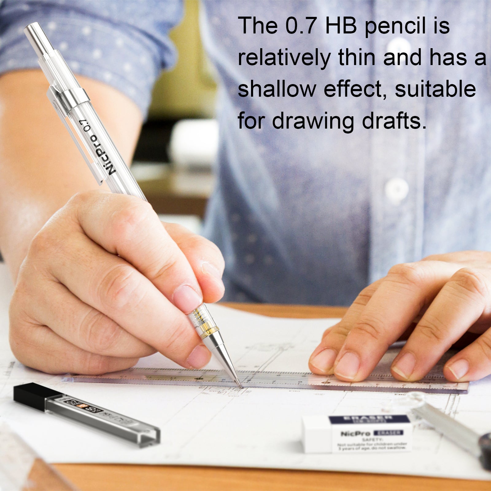 Nicpro 0.7 mm Art Mechanical Pencils Set, 3 Pencil With 3 Tubes HB Pencil Leads, 1 Erasers And 1 Tube Cap Eraser Refill For Architect Art Writing, Drafting, Drawing, Engineering, Sketching