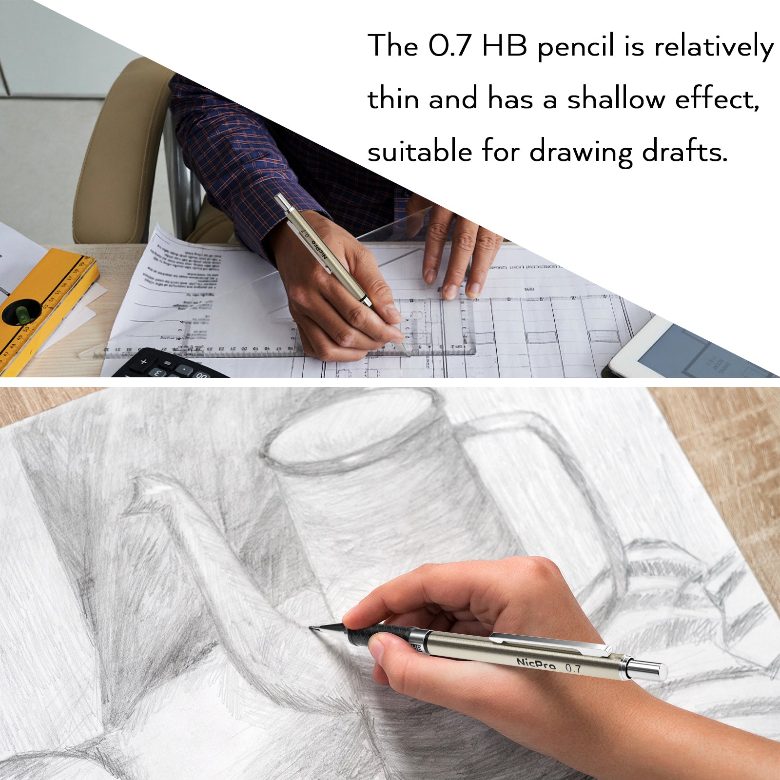 Nicpro 0.7 mm Art Mechanical Pencils Set, 6 PCS Metal Drafting Pencil 0.7mm with 6 Tube HB Lead Refills & 18 PCS Cap Eraser Refills for Adults, Children, Artist Writing, Drawing, Sketching