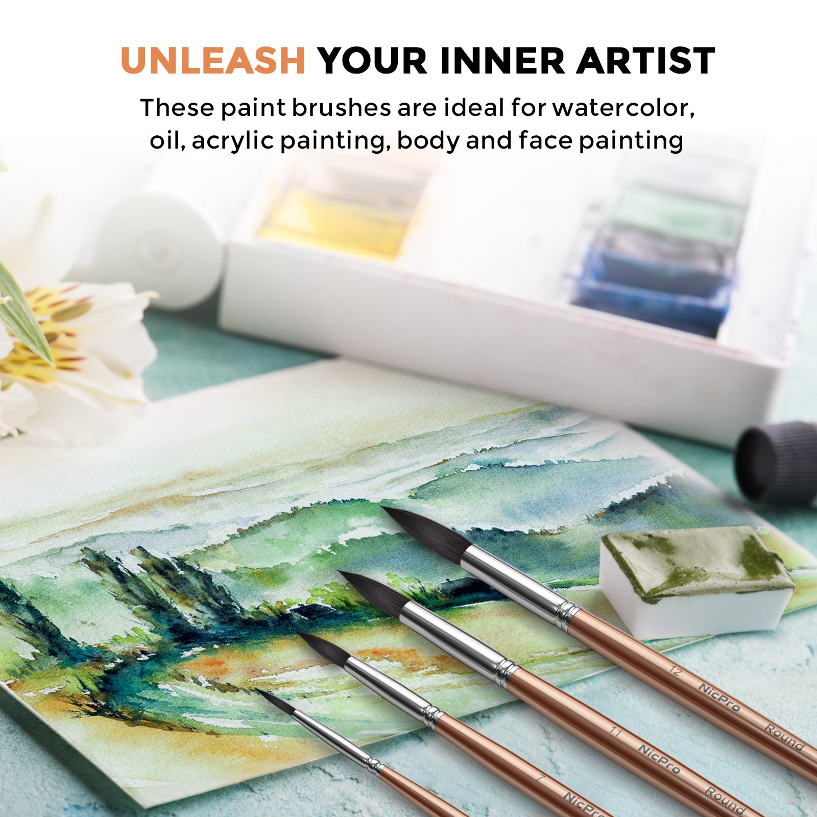 Nicpro 15 PCS Round Watercolor Paint Brushes Bulk, Professional Synthetic Squirrel Artist Painting Brush Set for Water Color Acrylic Oil, Detail, Model, Gouache, Ink, Art Paintbrush